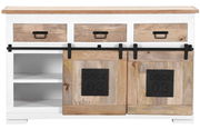Frontale Ansicht eines Sideboards mit drei Schubladen und zwei Schiebetüren aus Holz, beschriftet mit 'DOCK 03'.