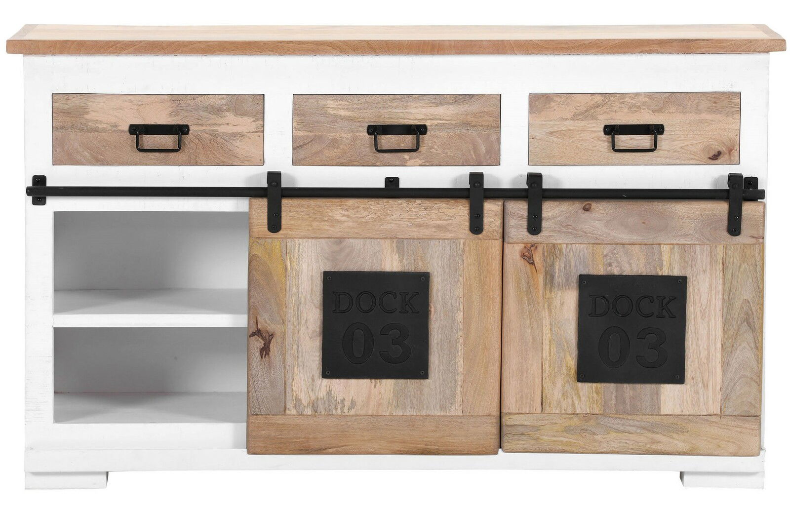 Frontale Ansicht eines Sideboards mit drei Schubladen und zwei Schiebetüren aus Holz, beschriftet mit 'DOCK 03'.