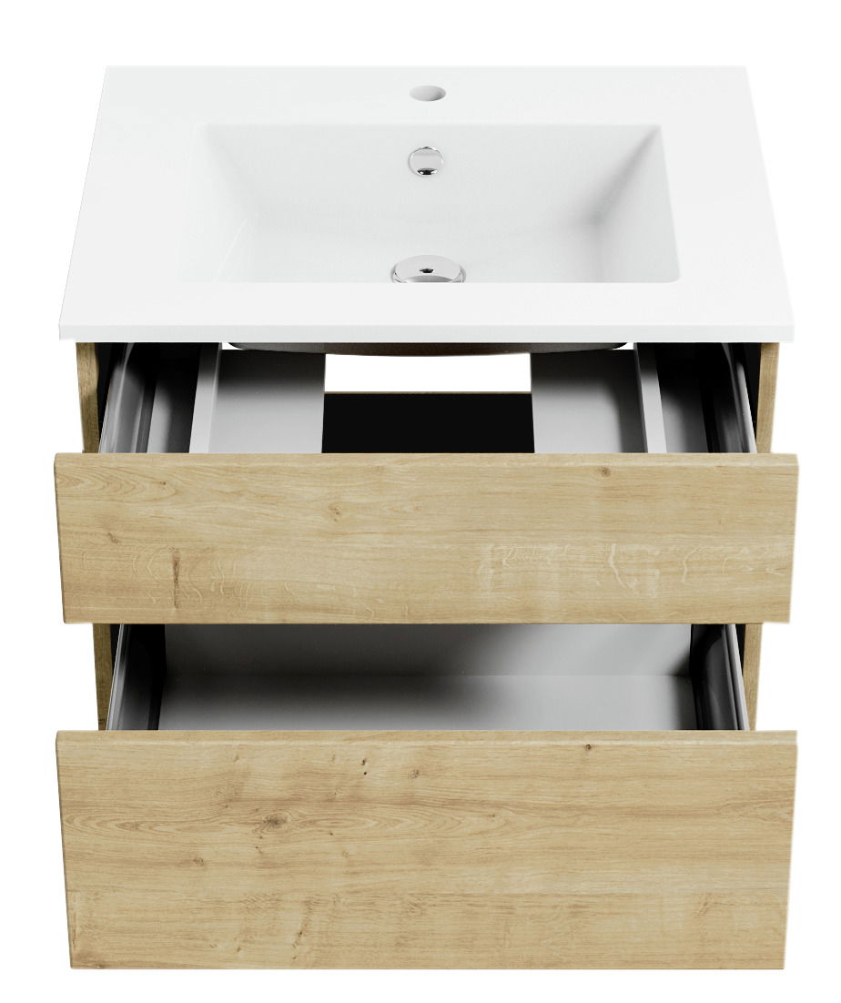 Waschtisch mit Holzoptik und zwei offenen Schubladen, Ansicht von vorne