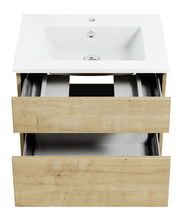 Waschtisch mit Holzoptik und zwei offenen Schubladen, Ansicht von vorne