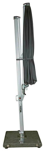 Seitenansicht eines geschlossenen Pendelschirms mit stabilem Standfuß.