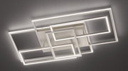 Moderne LED-Deckenleuchte mit geometrischem Design aus mehreren ineinander verschachtelten Rechtecken, Ansicht von unten.