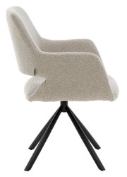 Zijaanzicht van een moderne fauteuil met een lichtgrijze stoffen bekleding en een zwart metalen frame.
