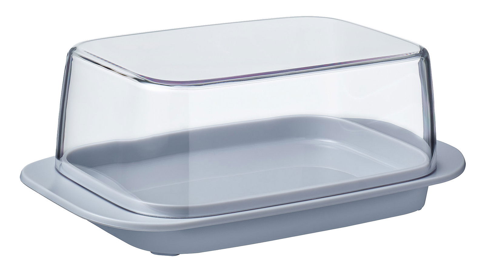 Graue Butterdose mit transparentem Deckel, seitliche Perspektive