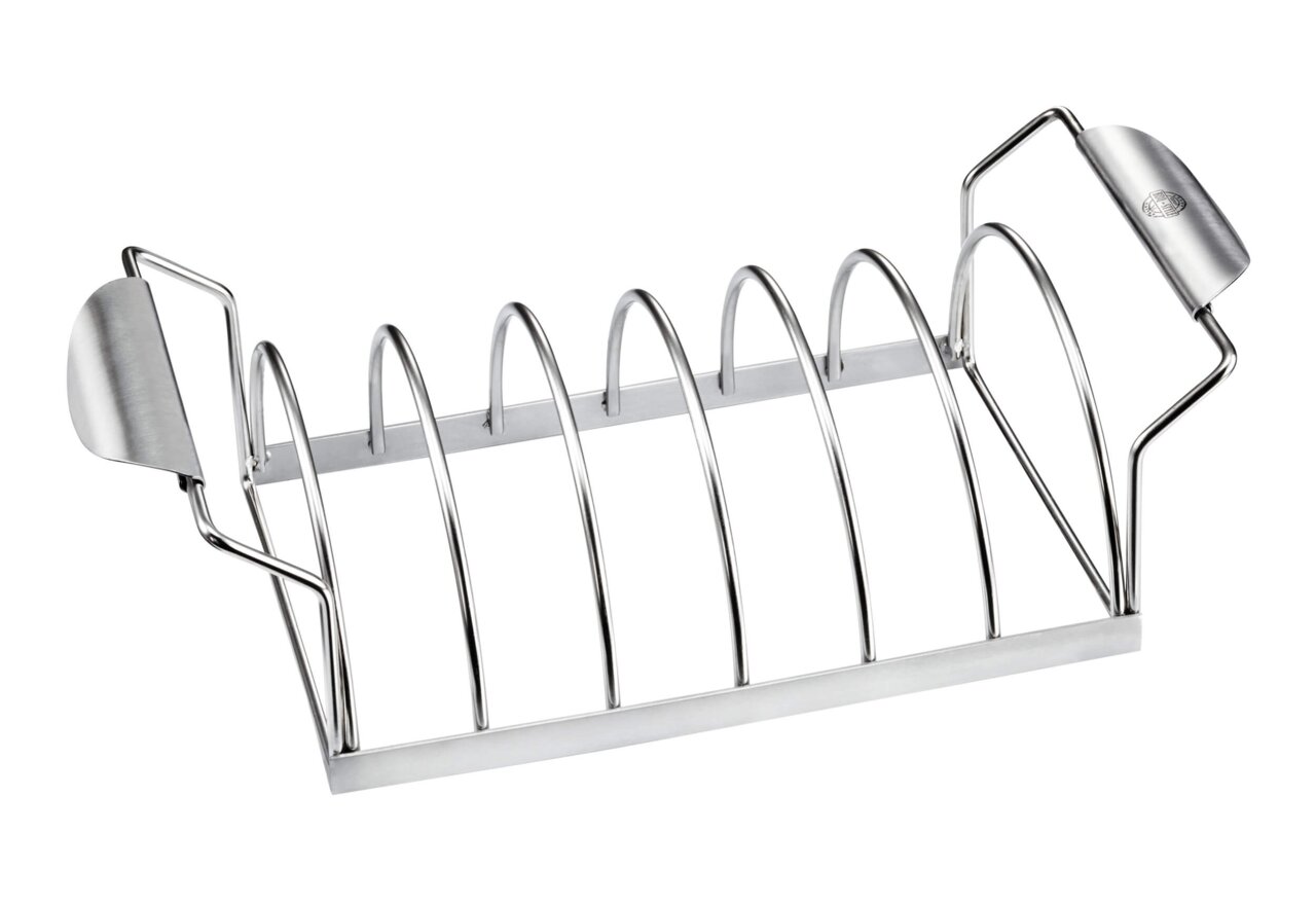 Spare Rib Halter aus Edelstahl, seitliche Perspektive