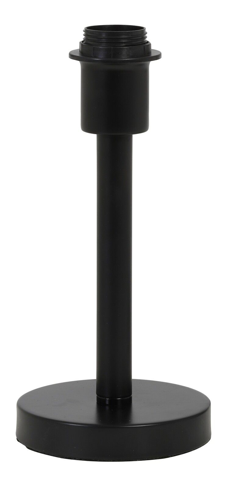 Schwarzer Lampenfuß aus Metall, zylindrische Form, frontal fotografiert.