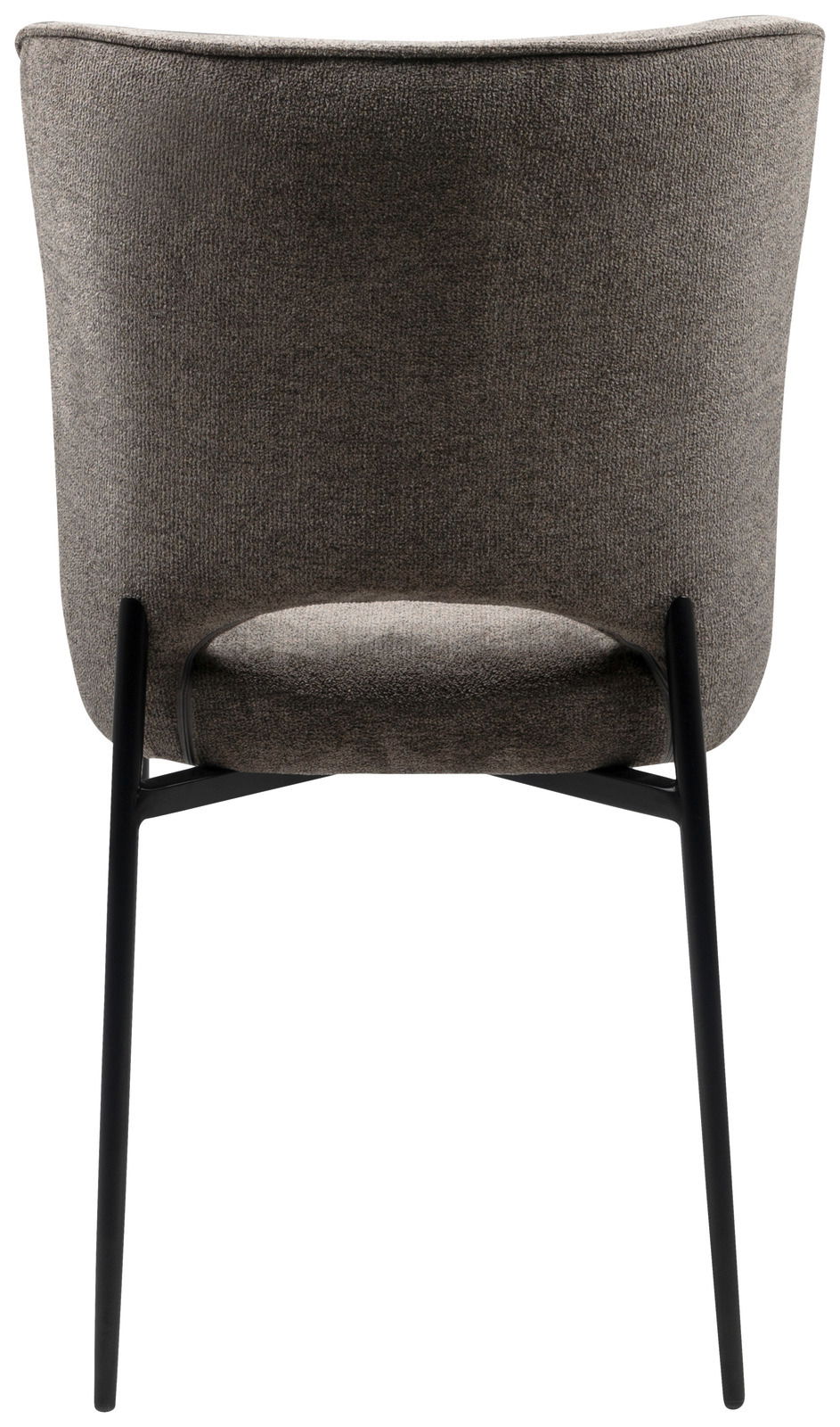 Rückansicht eines modernen, gepolsterten Stuhls mit schwarzem Metallgestell.