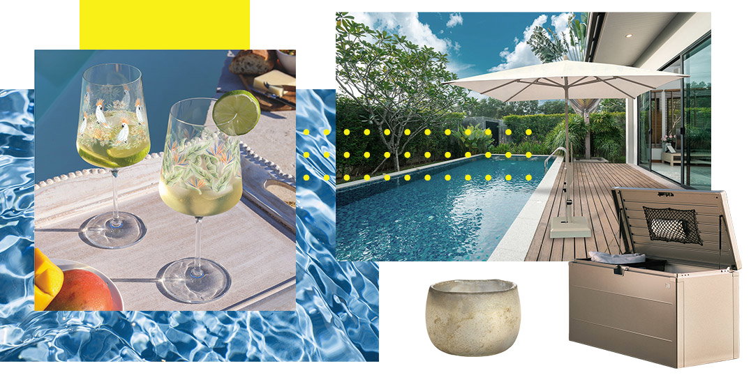 Dekorative Sommerprodukte mit bedruckten Weingläsern, Sonnenschirm, Pflanzgefäß und Outdoor-Aufbewahrungsbox vor Poolkulisse.