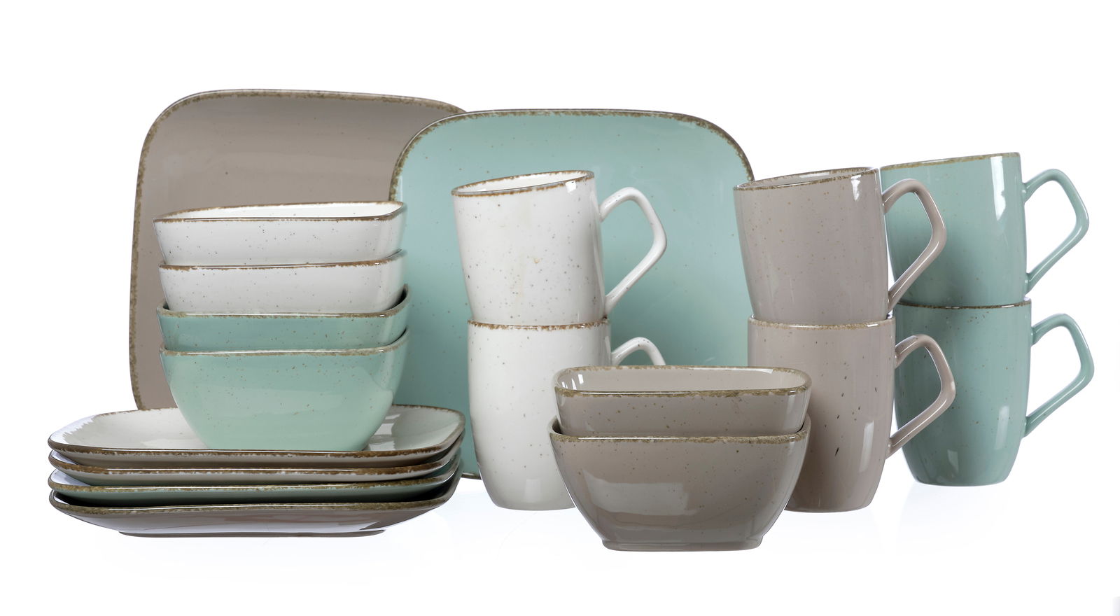 Kaffee-Set Casa 18-teilig in verschiedenen Farben, bestehend aus Tassen, Schalen und Tellern, aus einer frontalen Perspektive fotografiert.