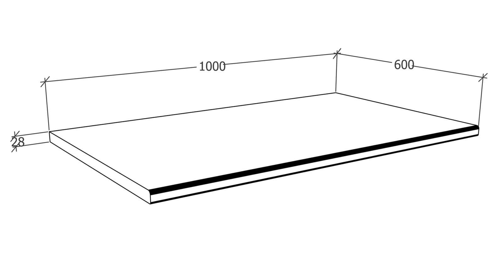 Isometrische Ansicht einer rechteckigen Platte/Regalboden mit Maßangaben 1000 x 600 mm und 28 mm Stärke, perspektivisch von oben schräg dargestellt.