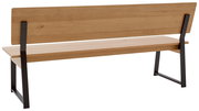Rückansicht einer modernen Holzbank mit Metallbeinen, schlichtes Design