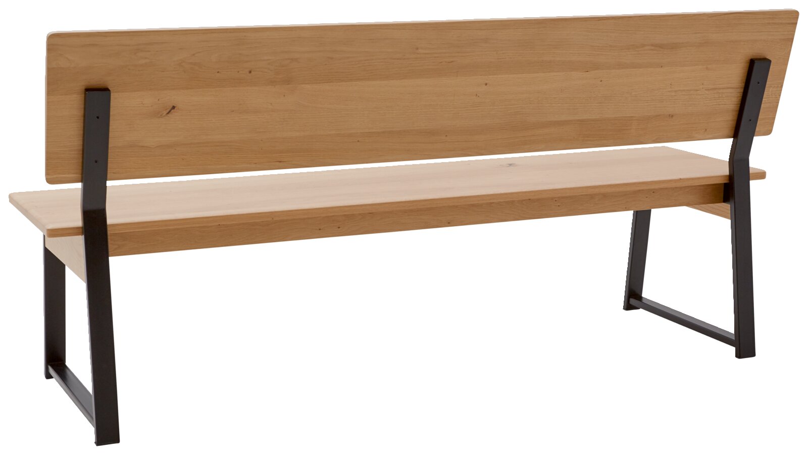 Rückansicht einer modernen Holzbank mit Metallbeinen, schlichtes Design