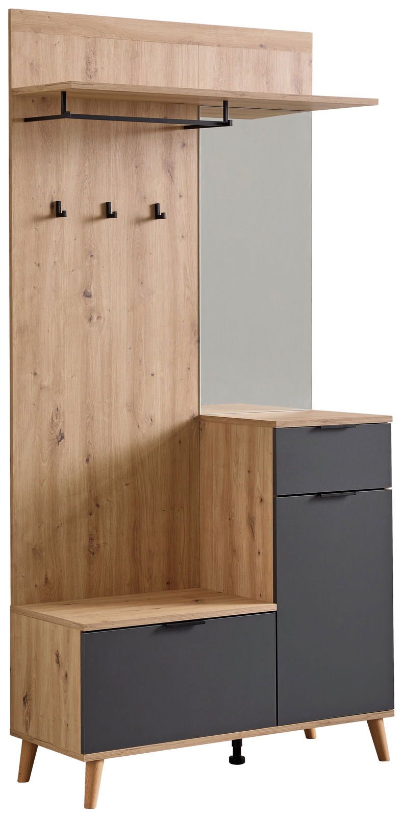 Kompaktgarderobe aus Holz mit Spiegel, Haken und Stauraum, seitliche Perspektive