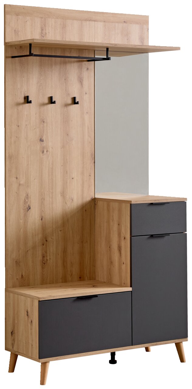 Kompaktgarderobe aus Holz mit Spiegel, Haken und Stauraum, seitliche Perspektive
