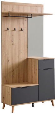 Kompaktgarderobe aus Holz mit Spiegel, Haken und Stauraum, seitliche Perspektive