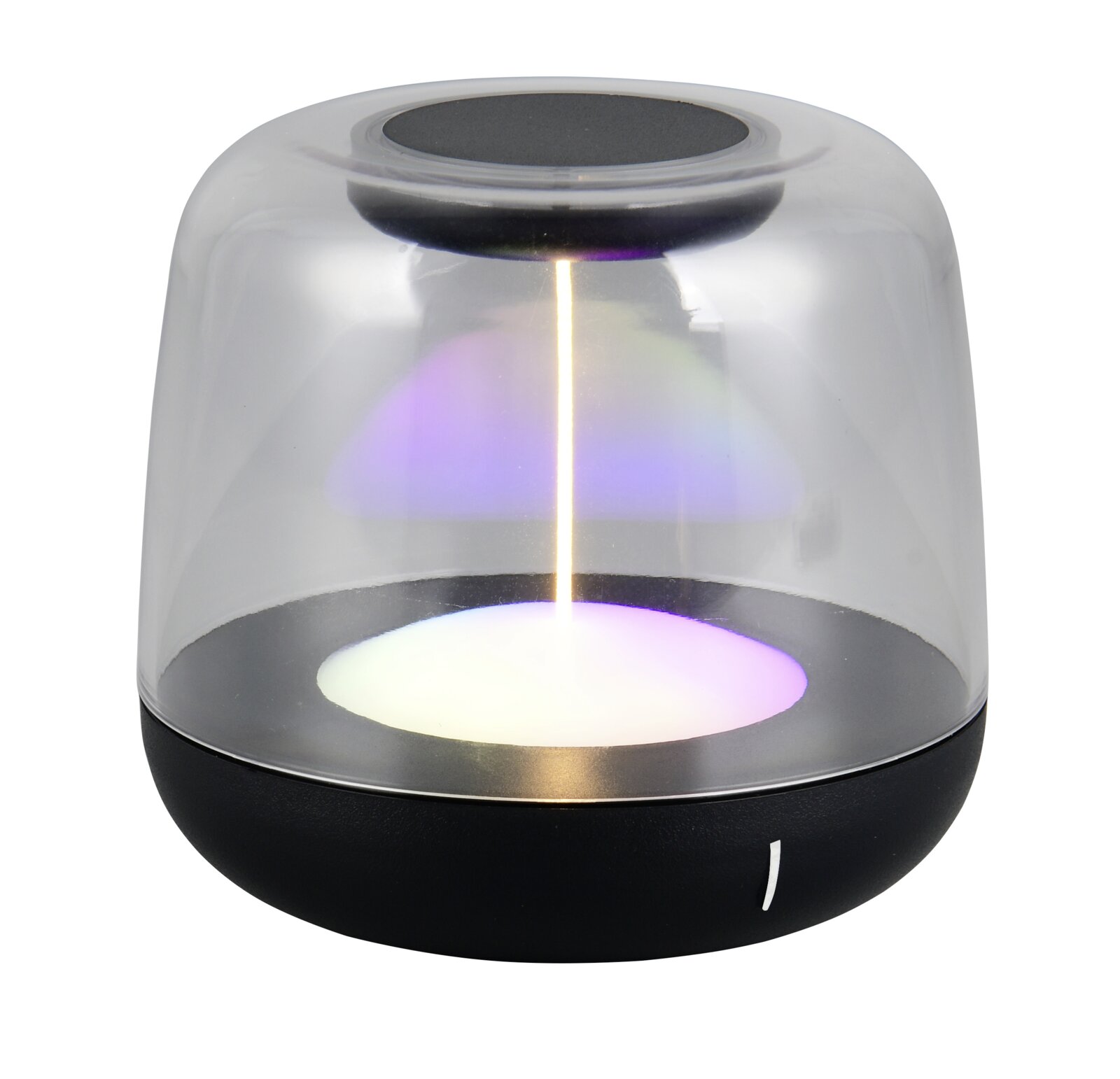Moderne Akku-Tischleuchte mit transparentem Gehäuse und farbwechselndem Licht, seitliche Perspektive