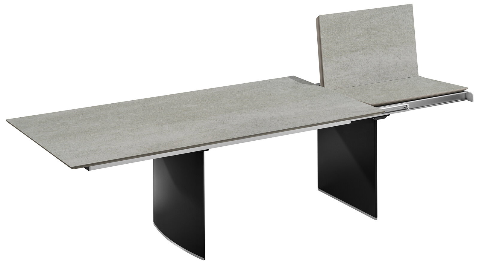 Moderner Esstisch mit ausziehbarer Tischplatte in Betonoptik, seitliche Perspektive