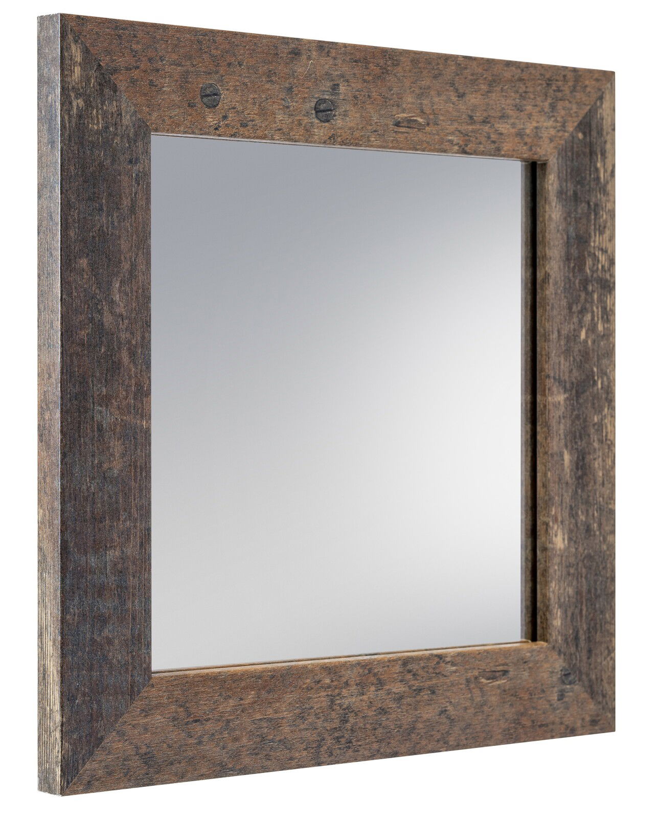 Quadratischer Spiegel mit rustikalem Holzrahmen, seitliche Perspektive
