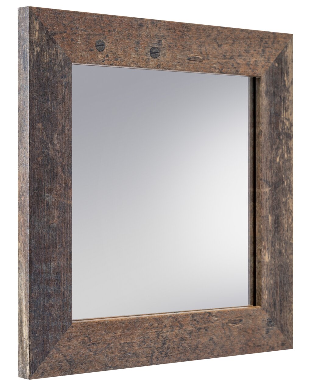 Quadratischer Spiegel mit rustikalem Holzrahmen, seitliche Perspektive