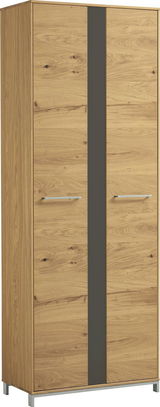 Moderner Dielenschrank aus Holz mit zwei Türen und Metallgriffen, frontal abgebildet.