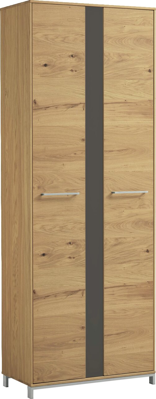 Moderner Dielenschrank aus Holz mit zwei Türen und Metallgriffen, frontal abgebildet.