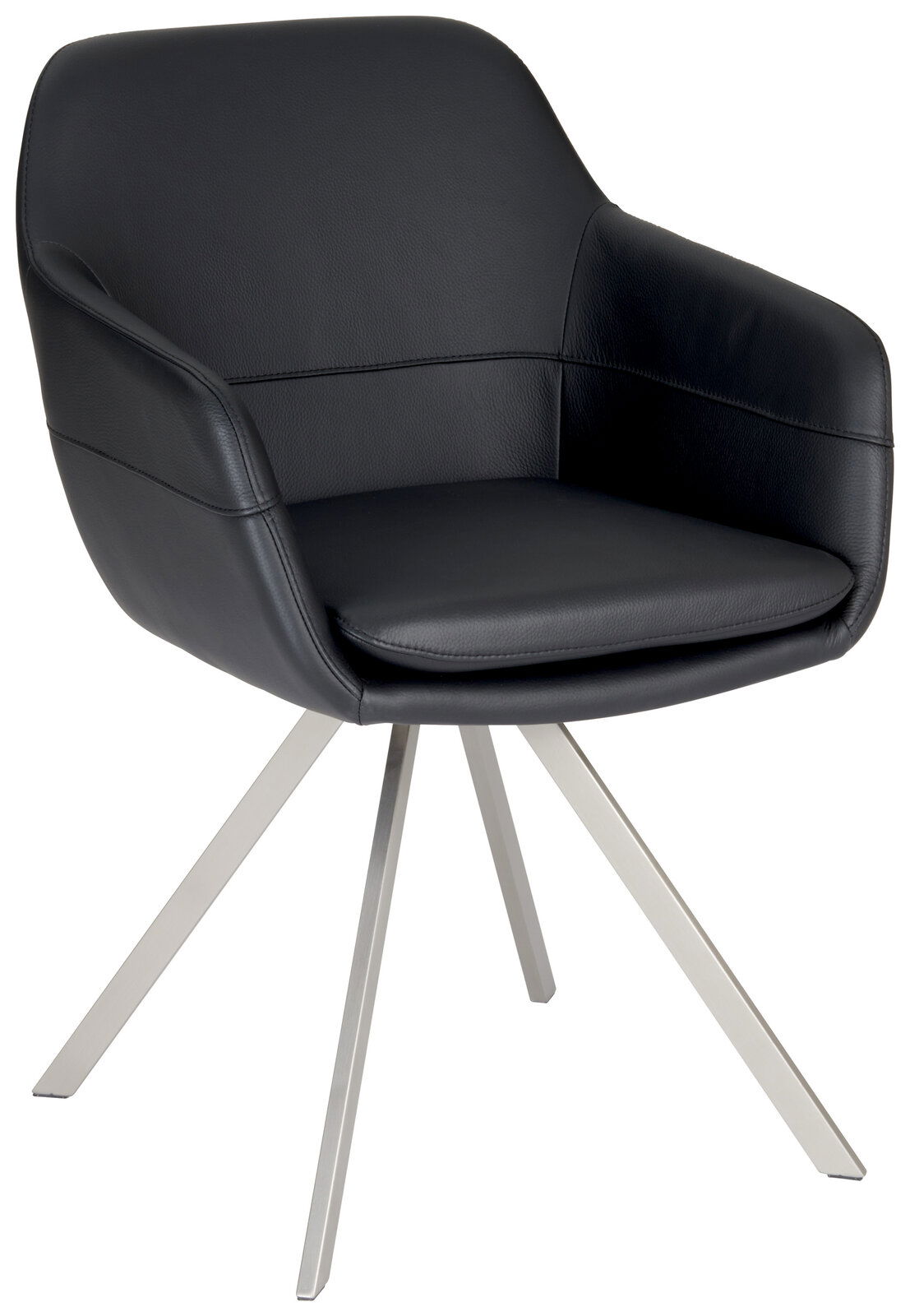 Moderner schwarzer Sessel mit Metallbeinen, seitliche Perspektive