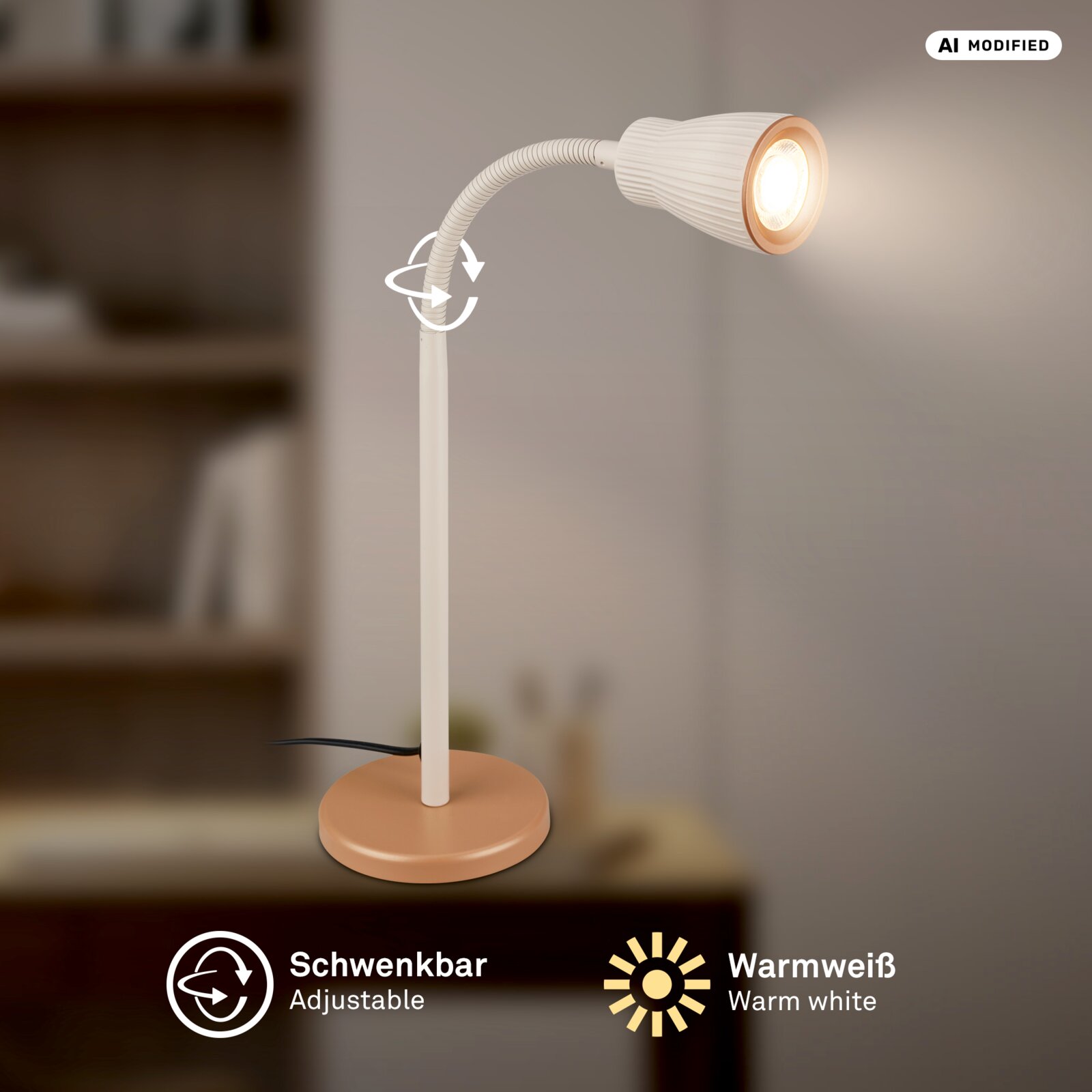Schwenkbare LED-Tischlampe in Weiß mit flexiblem Schwanenhals und rundem Standfuß in Kupfer/Apricot, warmweiß leuchtend, in frontaler Seitenansicht vor unscharfem Hintergrund