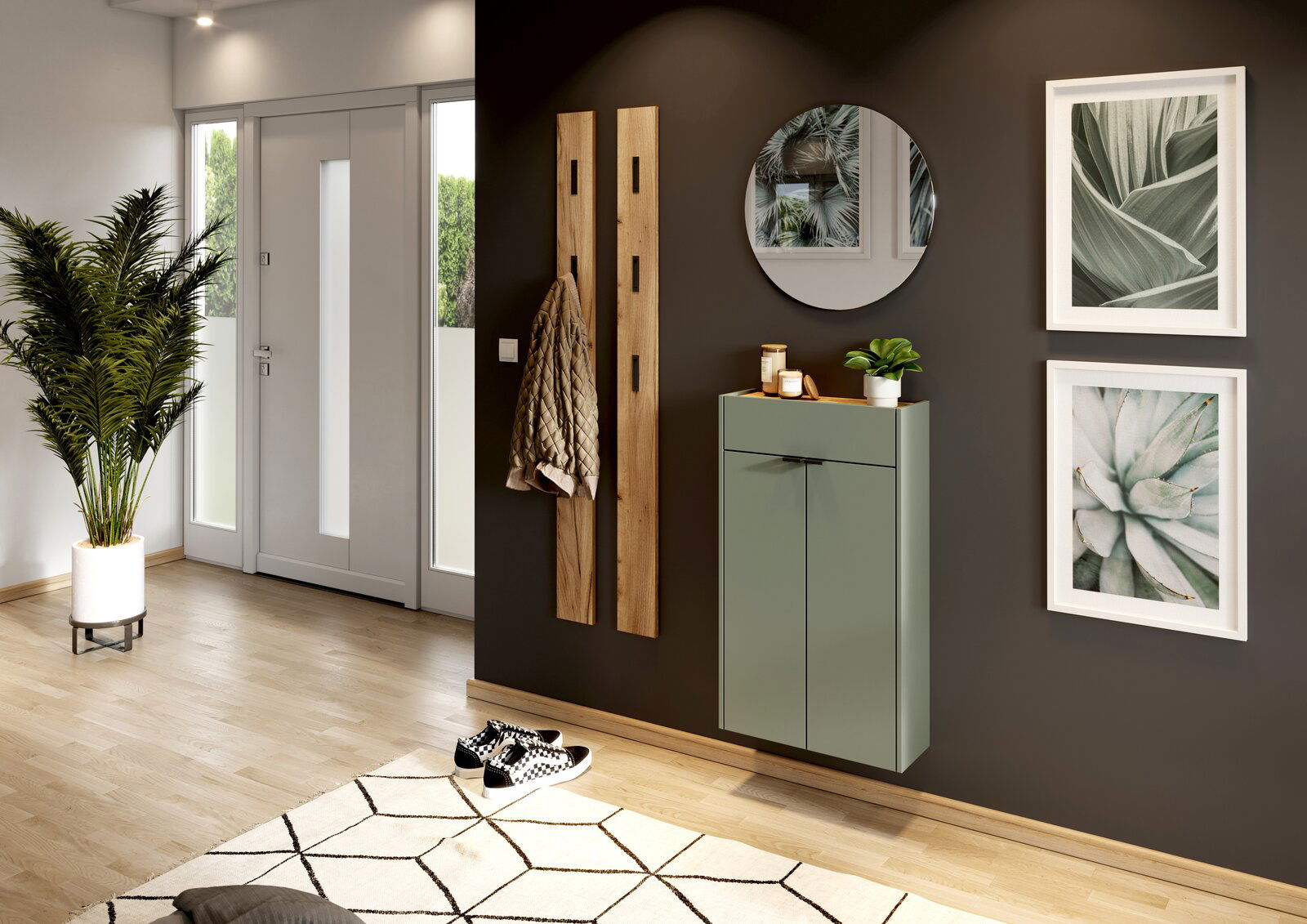 MID.YOU Hängeschuhschrank AMECA Moderner Eingangsbereich mit einem hängenden Schuhschrank in Grün, einem runden Spiegel und dekorativen Pflanzen. Perspektive von der Seite.