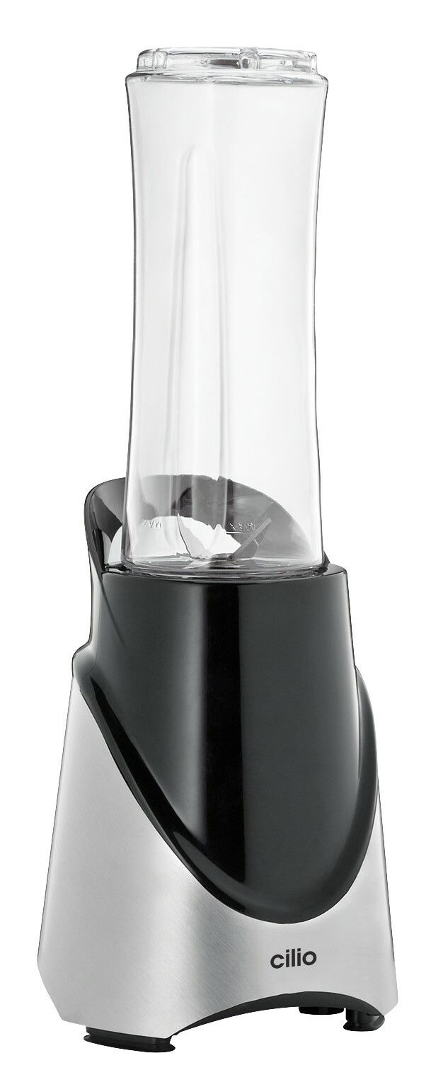 Frontansicht eines modernen Smoothie Makers mit schlankem Design und Edelstahlgehäuse.