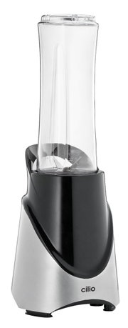 Vooraanzicht van een moderne smoothiemaker met een slank ontwerp en een roestvrijstalen behuizing.