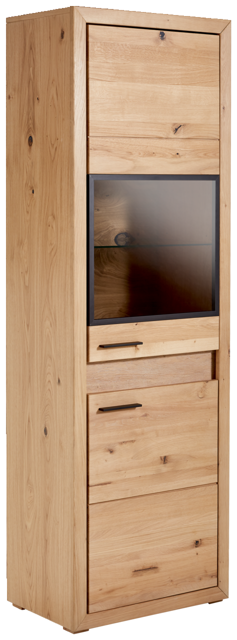 Vitrine aus Holz mit Glastür und Beleuchtung, seitliche Perspektive