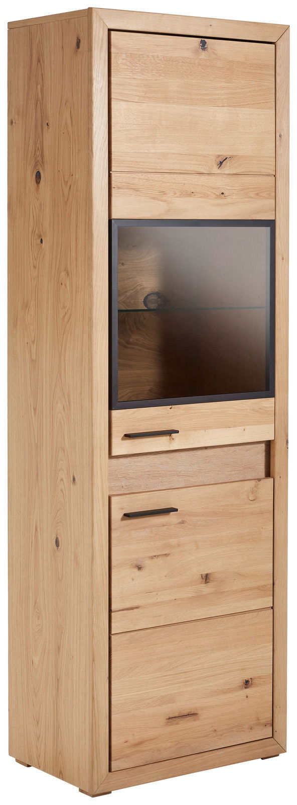 Vitrine aus Holz mit Glastür und Beleuchtung, seitliche Perspektive