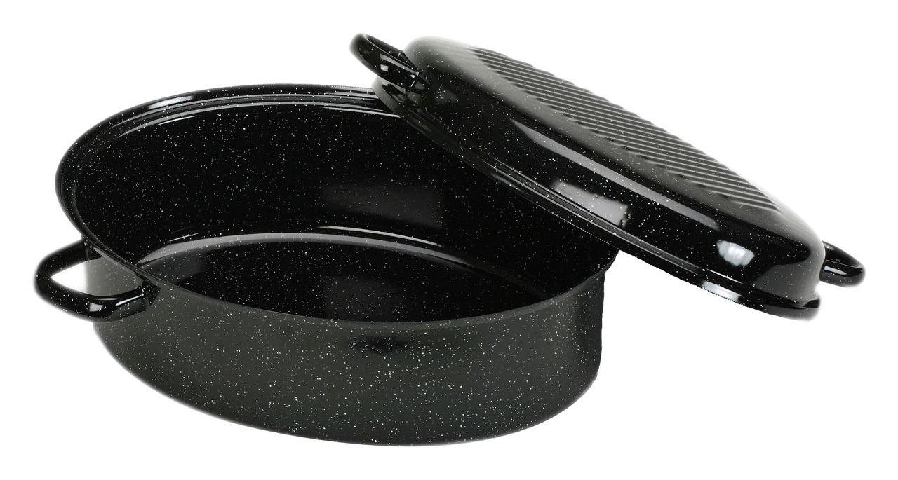 Schwarzer ovaler Bräter mit abgenommenem Deckel, seitliche Perspektive