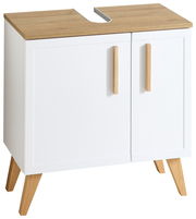 Moderner Waschbeckenunterschrank mit weißem Korpus und Holzdetails, frontal abgebildet.