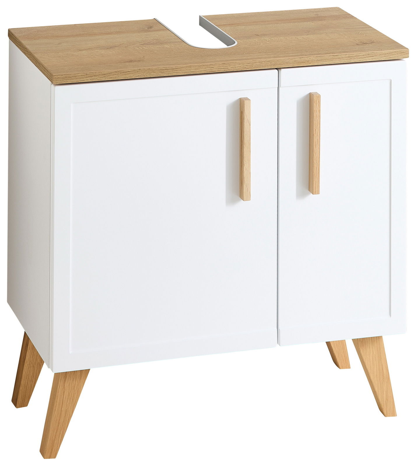 Moderner Waschbeckenunterschrank mit weißem Korpus und Holzdetails, frontal abgebildet.