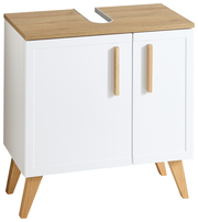 Moderner Waschbeckenunterschrank mit weißem Korpus und Holzdetails, frontal abgebildet.