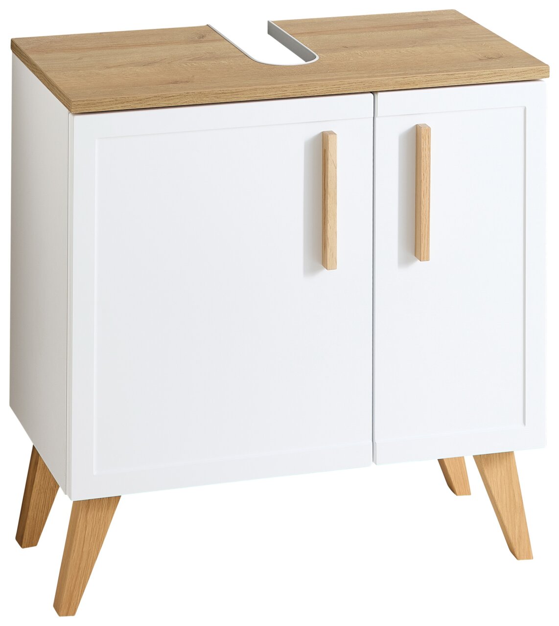 Moderner Waschbeckenunterschrank mit weißem Korpus und Holzdetails, frontal abgebildet.