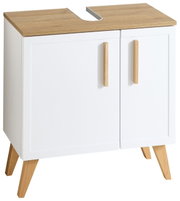 Moderner Waschbeckenunterschrank mit weißem Korpus und Holzdetails, frontal abgebildet.