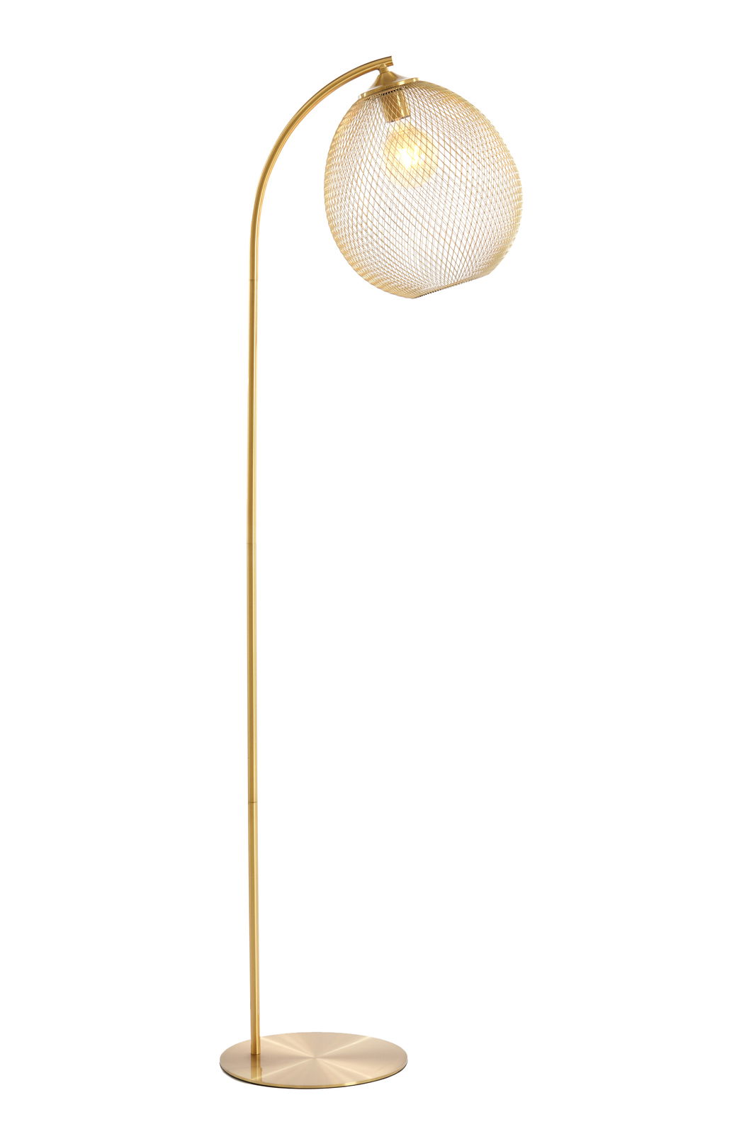Light&Living Stehleuchte MOROC Goldene Stehleuchte mit gebogenem Ständer und rundem, netzartigem Lampenschirm, seitliche Perspektive