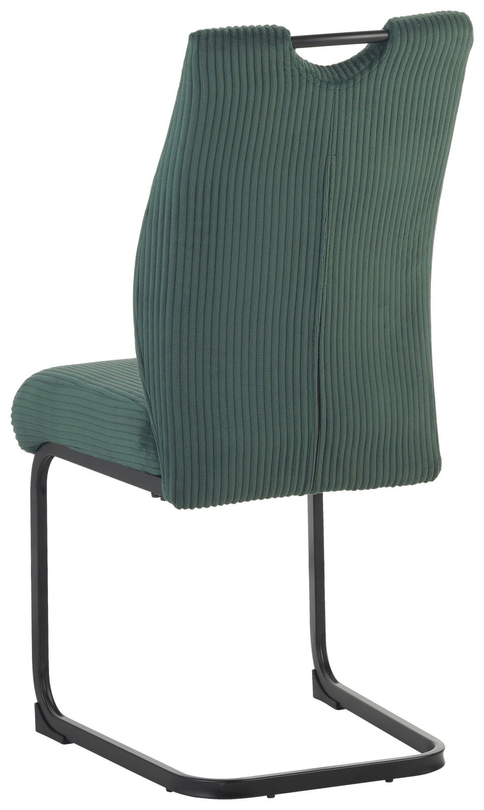 Rückansicht eines grünen Schwingstuhls mit geripptem Stoffbezug und schwarzem Metallgestell.