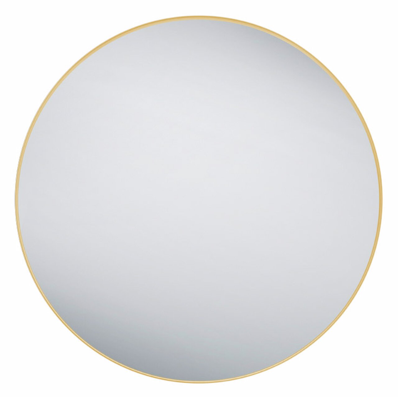 Runder Spiegel mit einem Durchmesser von ca. 80 cm und einem schmalen goldenen Rahmen, frontal abgebildet.