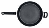 Schwarze Comfort Pfanne 32cm, Draufsicht mit langem Griff und zusätzlichem Haltegriff.
