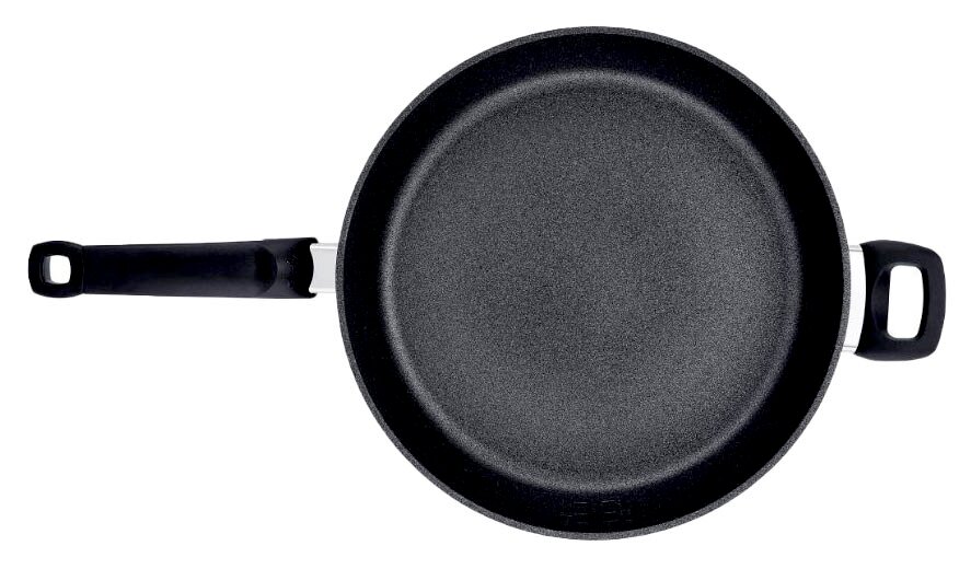 Schwarze Comfort Pfanne 32cm, Draufsicht mit langem Griff und zusätzlichem Haltegriff.