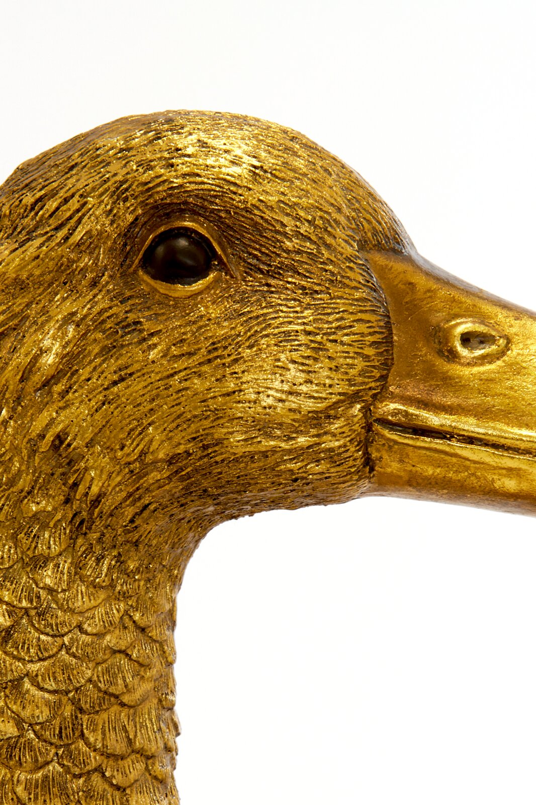 Nahaufnahme eines goldenen Entenkopfes mit detaillierter Textur, seitliche Perspektive