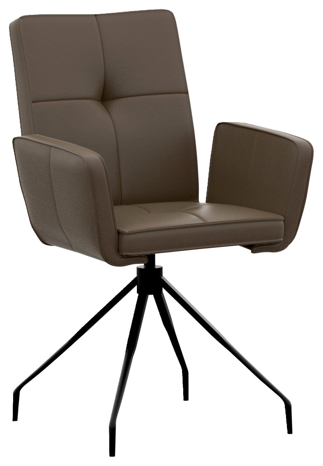 Moderano Fauteuil MARS Bruine gestoffeerde draaistoel met armleuningen en zwarte vierpoots metalen voet, schuin van voren weergegeven