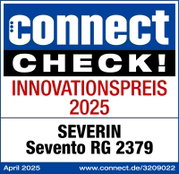 Auszeichnung für den SEVERIN Sevento RG 2379 als Innovationspreis 2025 von connect CHECK! in der Frontalansicht.