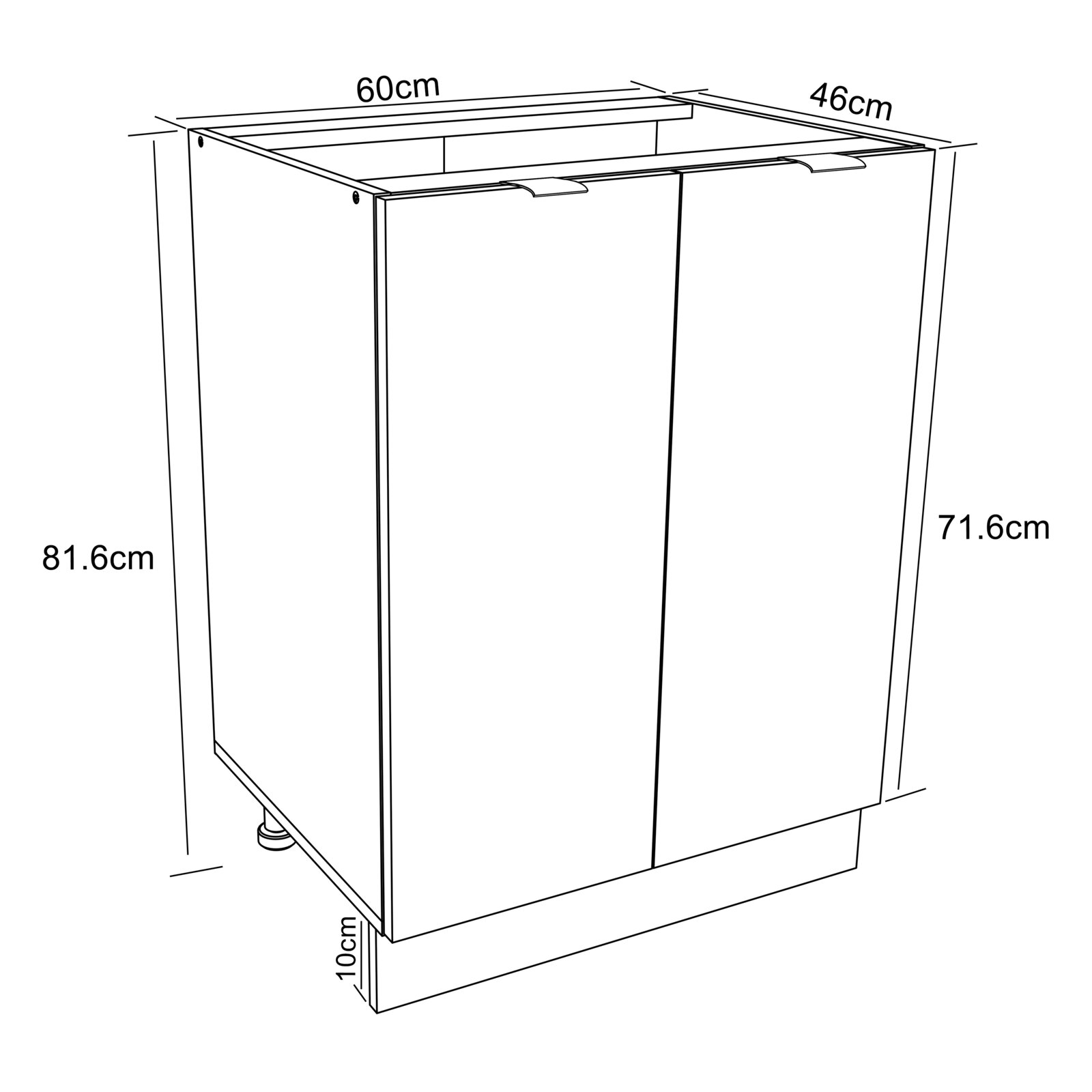 Technische Linienzeichnung eines zweitürigen Unterschranks in schräger Vorderansicht mit Maßangaben: 60 cm Breite, 46 cm Tiefe, 81,6 cm Höhe, 71,6 cm Korpus-/Türhöhe und 10 cm Sockelhöhe.