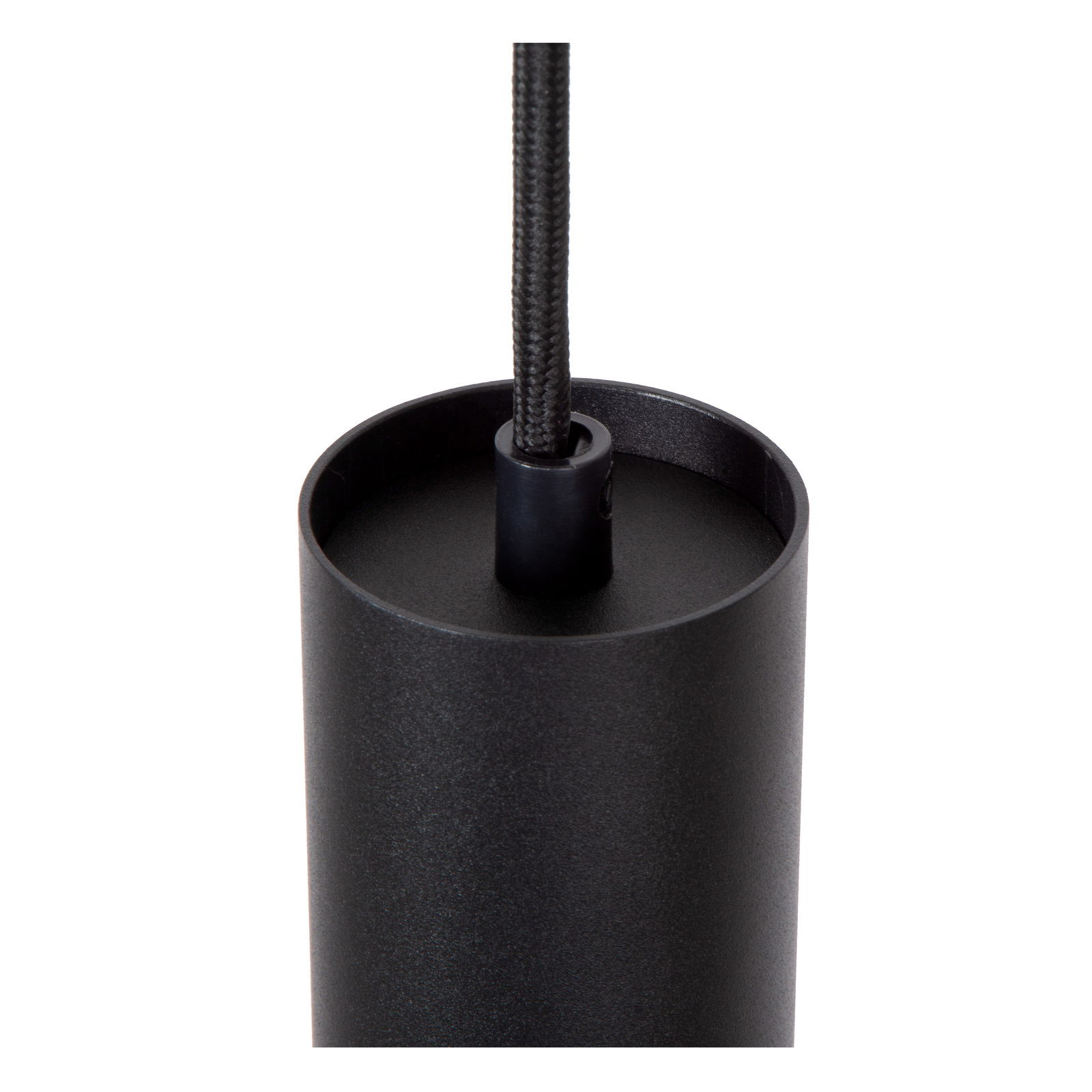 Nahaufnahme der schwarzen Pendelleuchte FLORIS mit zylindrischem Design und Textilkabel von oben betrachtet.