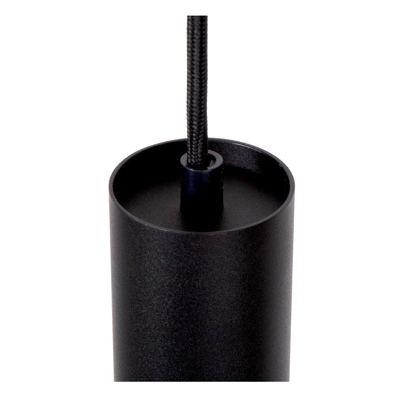 Nahaufnahme der schwarzen Pendelleuchte FLORIS mit zylindrischem Design und Textilkabel von oben betrachtet.