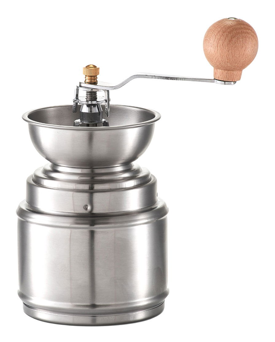 Manuelle Kaffeemühle aus Edelstahl mit Holzgriff, seitliche Ansicht